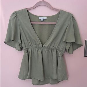 Miou Muse Olive Green V-Neck Flutter Sleeve Peplum Blouse